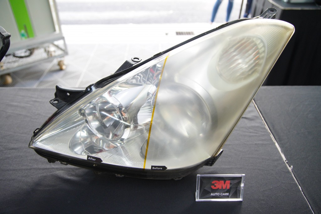 A before and after look of a headlight that has been restored using 3M Malaysia's headlight restoration kit