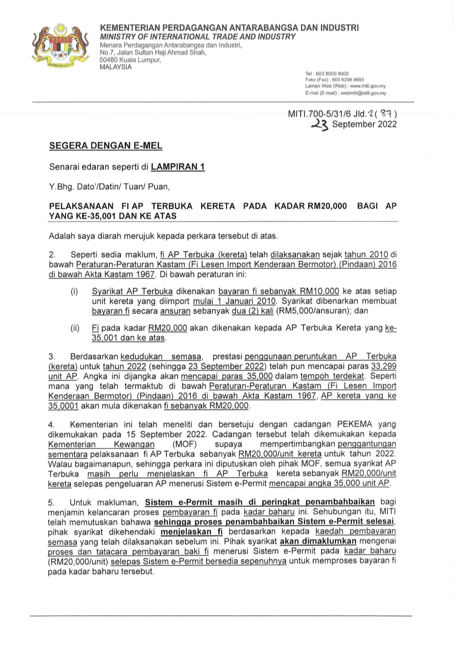 MITI Menaikkan Fi Pemegang AP Dari RM10k Kepada RM20k | Gohed Gostan